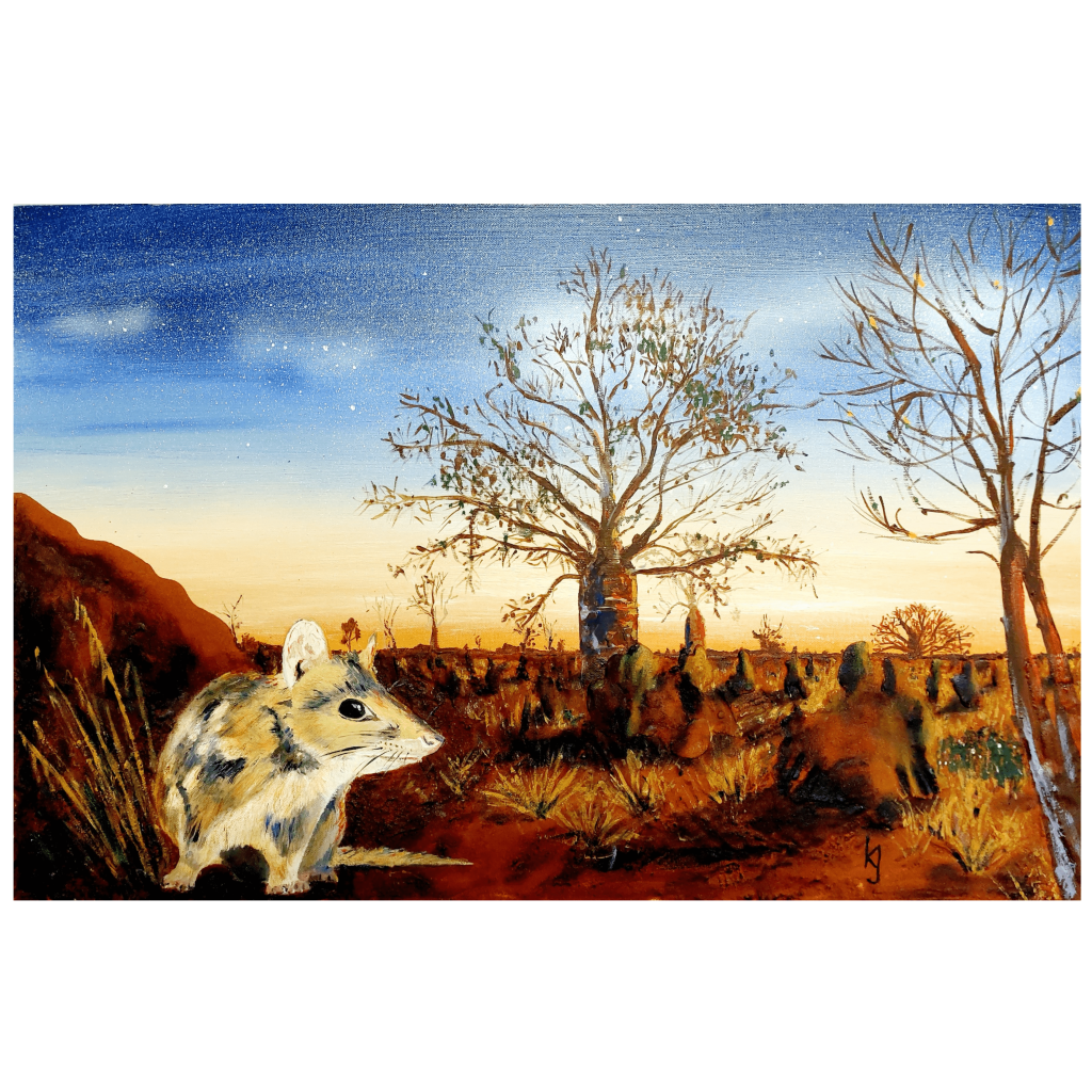 Heading out for the night - an artwork showing a quoll in the Australian outback at dusk